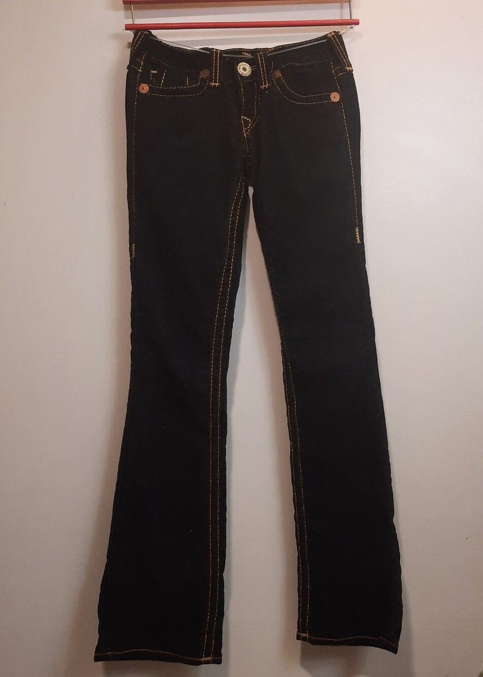 VTG True Religion 25 Black Corduroy Flare Jeans Contrast Stitch Made USA LowRise